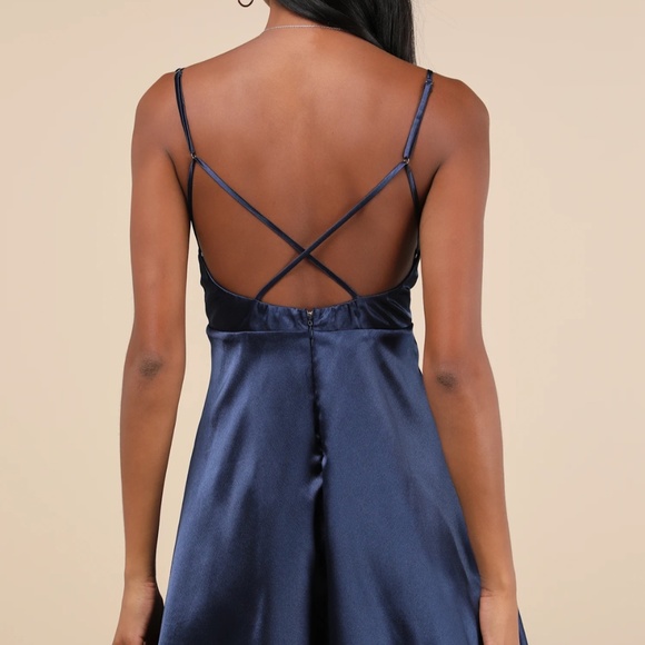 Navy Blue Satin Skater Mini Dress - Picture 2 of 3